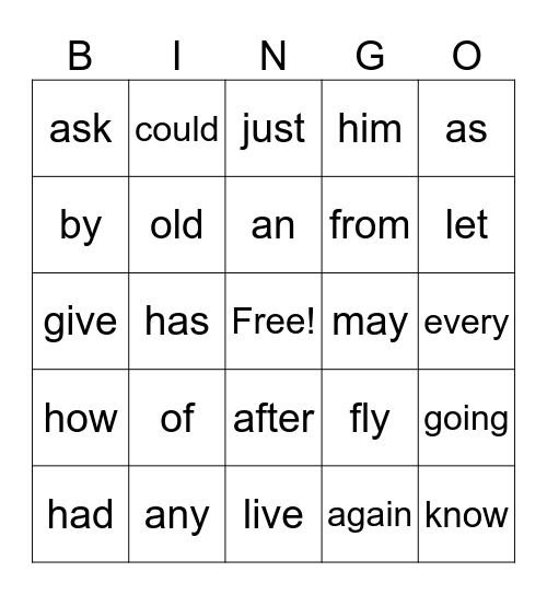 dolch sight words Bingo Card