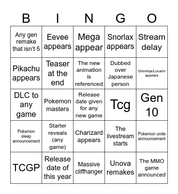 Pokemon presents Bingo Card