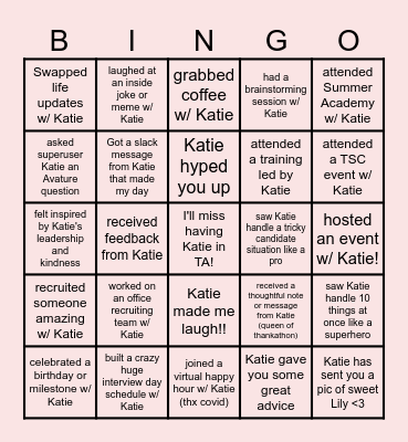Katie's Farewell Bingo - TA edition! Bingo Card