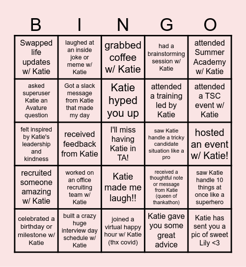 Katie's Farewell Bingo - TA edition! Bingo Card