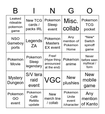 Pokemon Direct 2025 Bingo Card