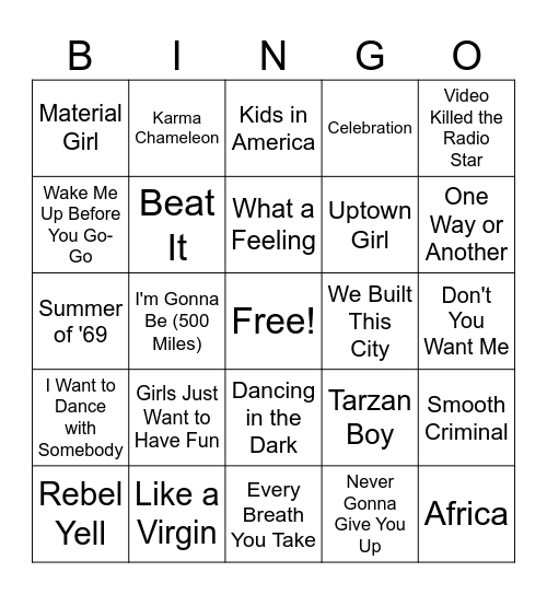80s Music Bingo Round 1 Bingo Card
