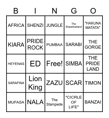 Lion King Bingo Card