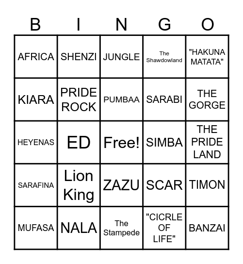 Lion King Bingo Card