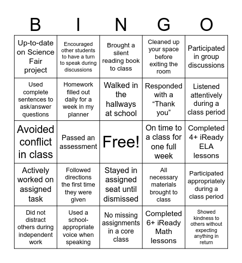 Bryant PBIS Bingo Card