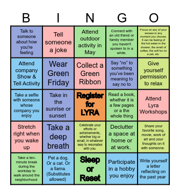 Mental Health Awareness Month Bingo Card
