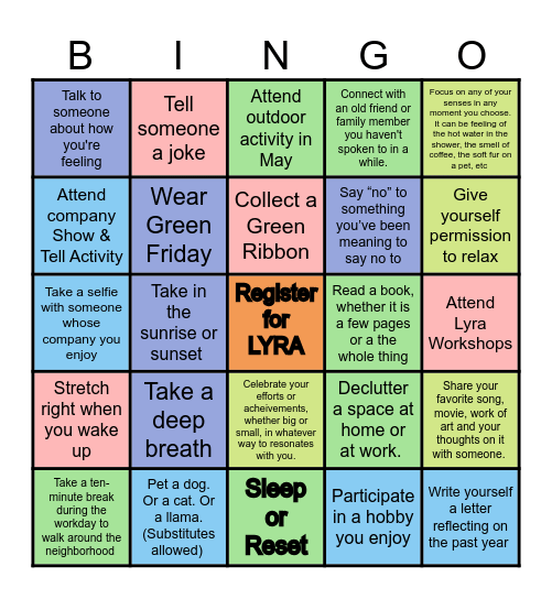 Mental Health Awareness Month Bingo Card