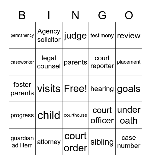 Court BINGO for child in foster care Bingo Card