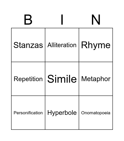 Poetic Device Bingo Card