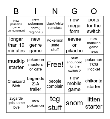 Pokemon Presents Bingo Card