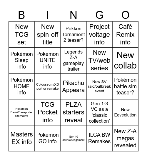 Pokémon Presents 2025 Bingo Card