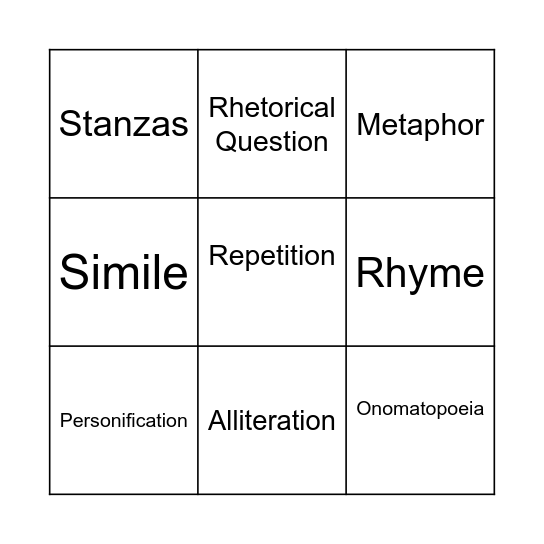Poetic Device Bingo Card