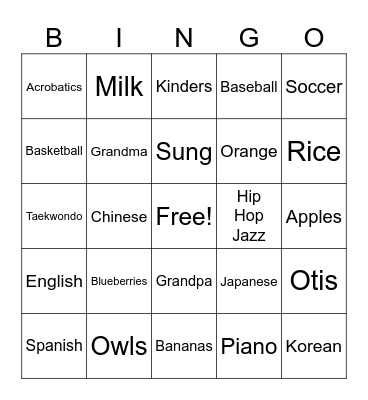 Hunter’s Game Bingo Card