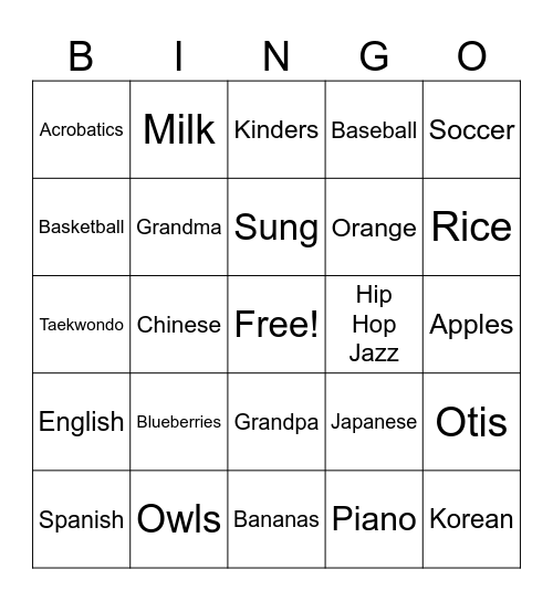Hunter’s Game Bingo Card