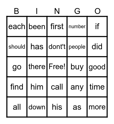 sight words Bingo Card