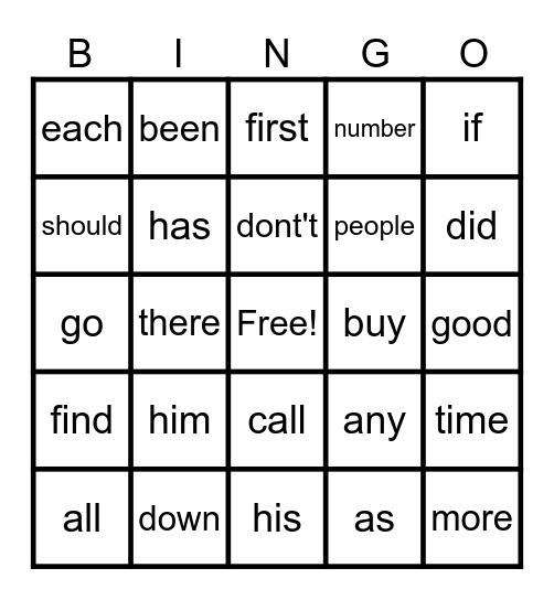sight words Bingo Card