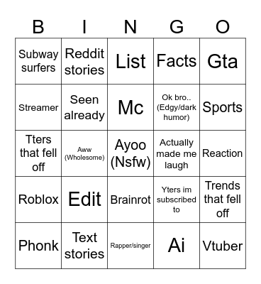 Yt shorts Bingo Card