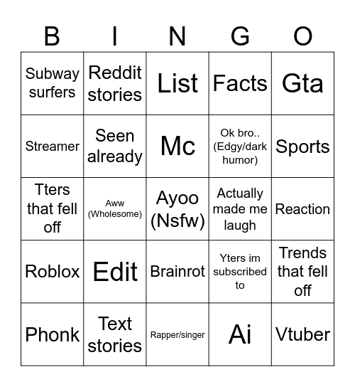 Yt shorts Bingo Card