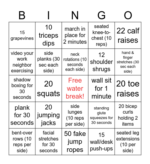 Deskercize Bingo Card