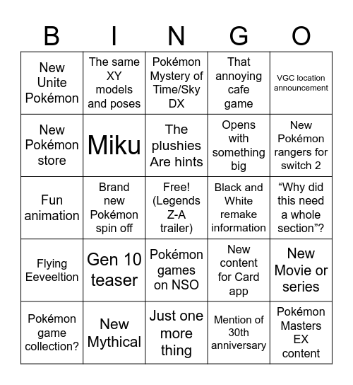 Pokémon Presents 2/27/28 Predictions Bingo Card