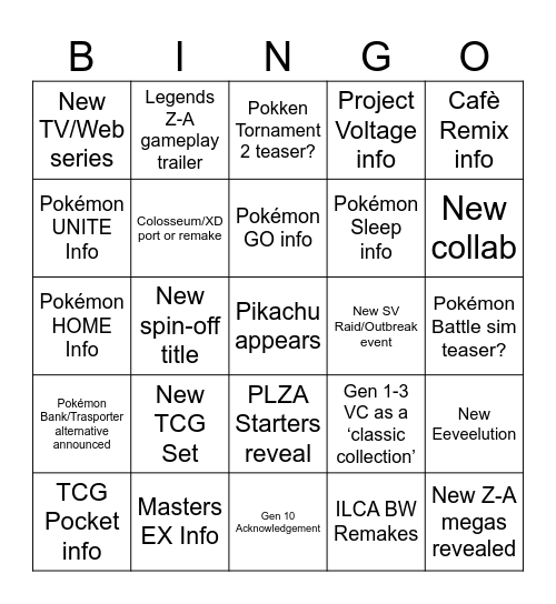 Pokémon Presents 2025 Bingo Card