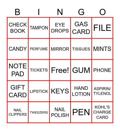 WHAT'S IN YOUR PURSE Bingo Card