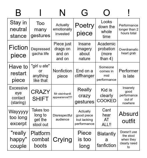 Sophomore public reading Bingo Card
