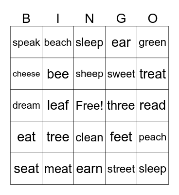 EE/ EA words Bingo Card