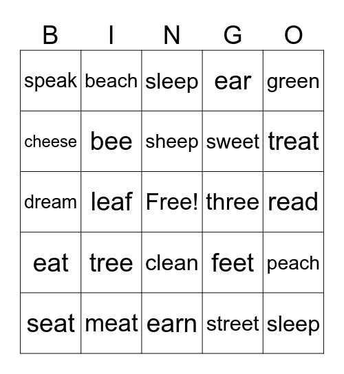 EE/ EA words Bingo Card
