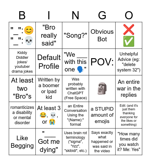 Comment Section BrainRot (any platform) Bingo Card