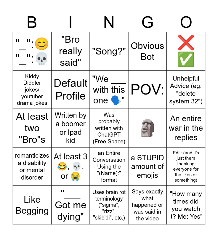 Comment Section BrainRot (any platform) Bingo Card