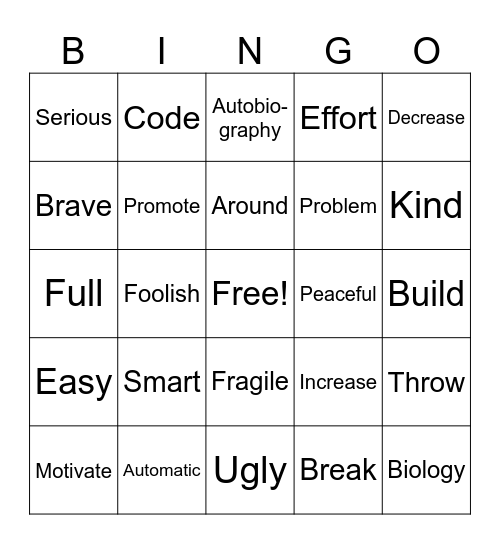 Synonyms and Antonyms Bingo Card