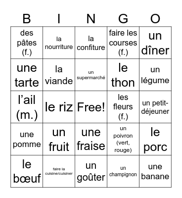Chemins 2, Vocab 4A Bingo Card