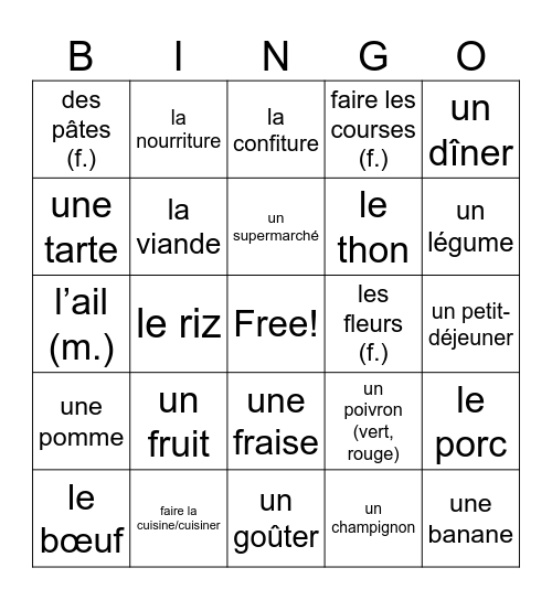 Chemins 2, Vocab 4A Bingo Card