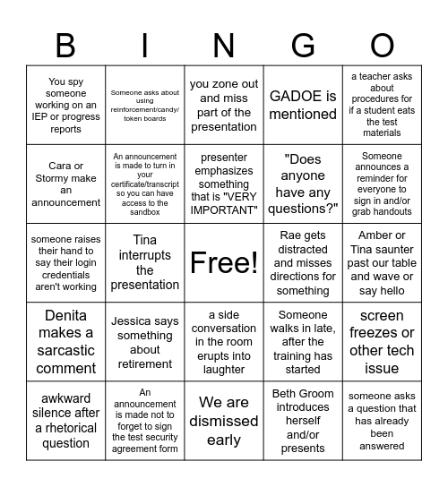 GAA Training Bingo Card