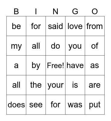 Sight Words Bingo Card