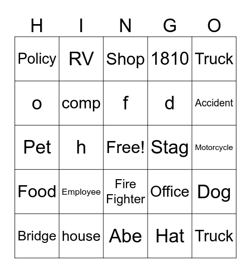 HINGO Bingo Card