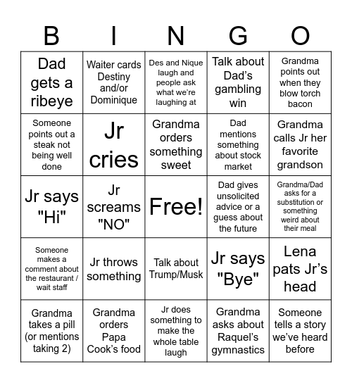 Dad's Dinner BINGO! Bingo Card