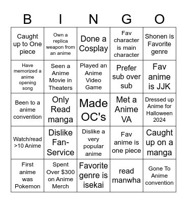 Anime Club Bingo Card