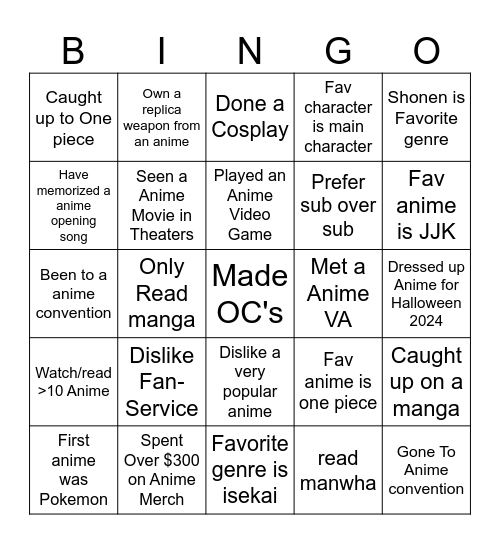 Anime Club Bingo Card
