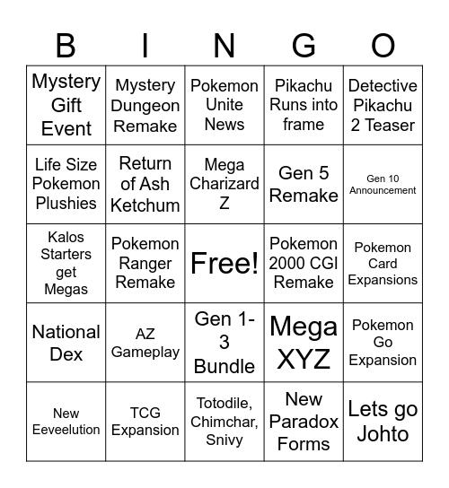 Pokemon Presents Bingo Card