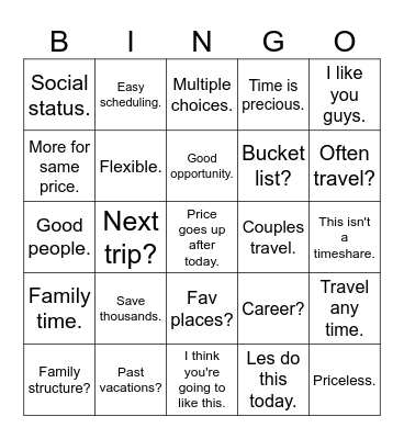 Timeshare Bingo Card