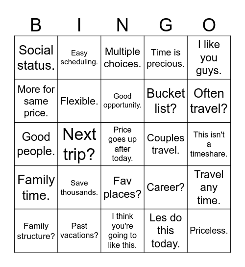 Timeshare Bingo Card