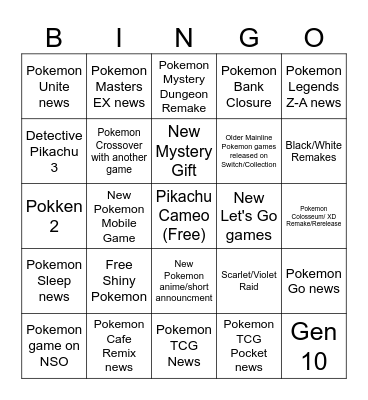 Pokemon Presents 2025 Bingo Card