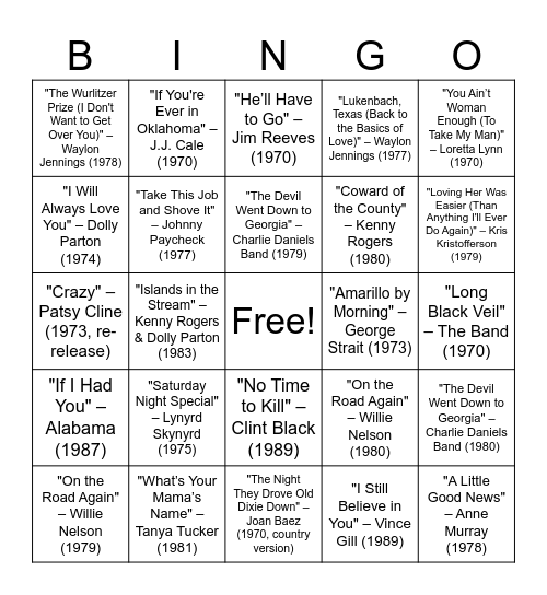 Music Bingo - Pub 72 - 1970's 1980's Country Bingo Card
