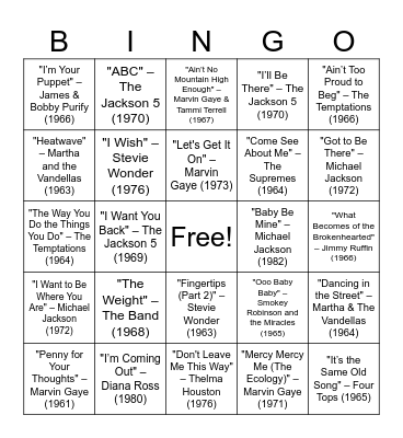 Music Bingo - Pub 72 - Best of Motown Bingo Card