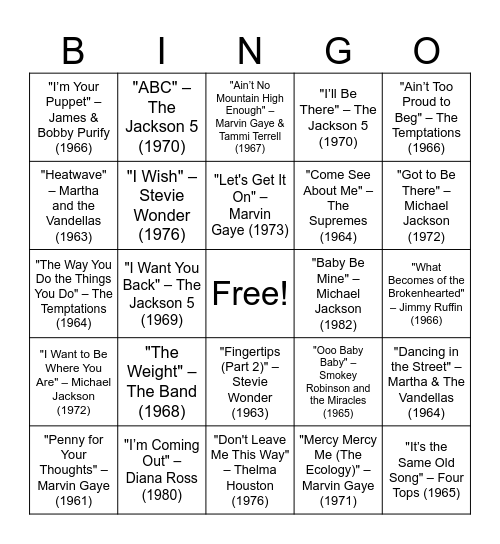 Music Bingo - Pub 72 - Best of Motown Bingo Card