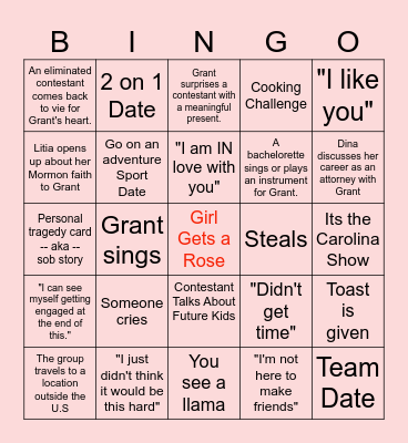 Bachelor Viewing Party Bingo Card
