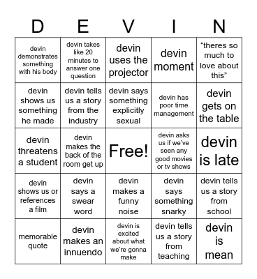 Devin Bingo Card