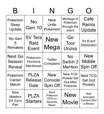 Pokemon Presents Bingo Card